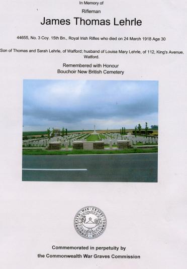 First War Pair Medals & Memorial Plaque To Pte James Thomas Lehrle 15th BN Royal Irish Rifles