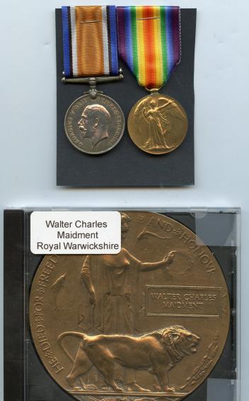 First War Pair Medals & Memorial Plaque To Pte Walter Charles Maidment, Royal Warwickshire Regiment