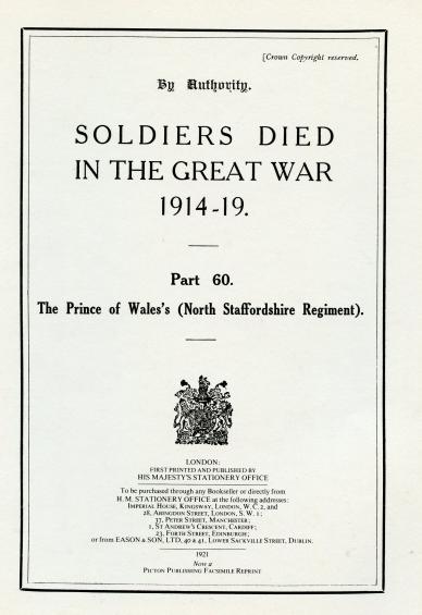 The North Staffordshire Regiment, Soldiers Died in the Great War. Softback Book