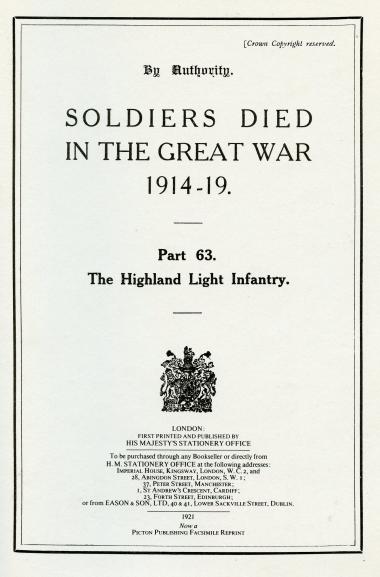 The Highland Light Infantry, H.L.I. , Soldiers Died in the Great War.Softback Book