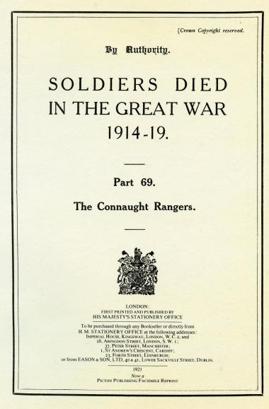 The Connaught Rangers, Soldiers Died in the Great War. Softback Book