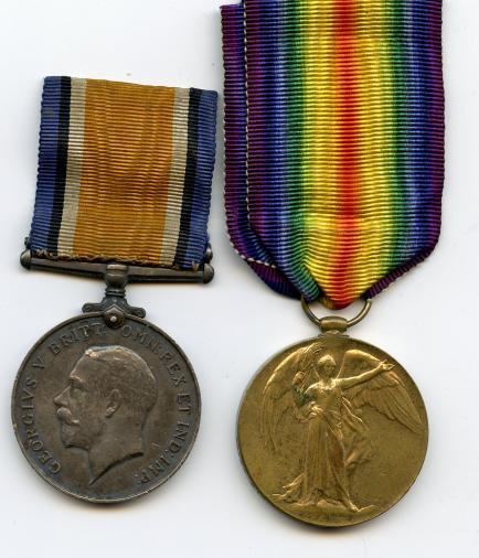 British War & Victory Medals Pair to Pte Lewis J Barrett,  Monmouthshire Regiment