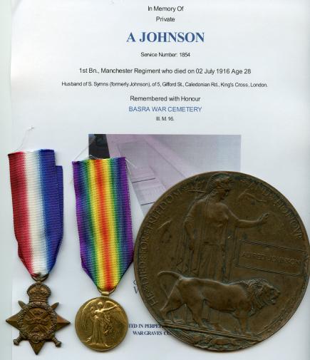 1914 Star, Victory Medal and Memorial Plaque To Pte Alfred Johnson, Manchester Regiment