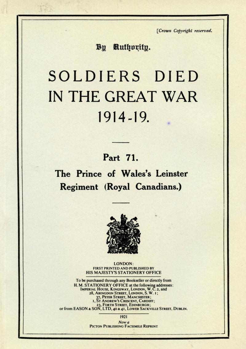 The Prince of Wales Leinster Regiment, Soldiers Died in the Great War. Softback Book