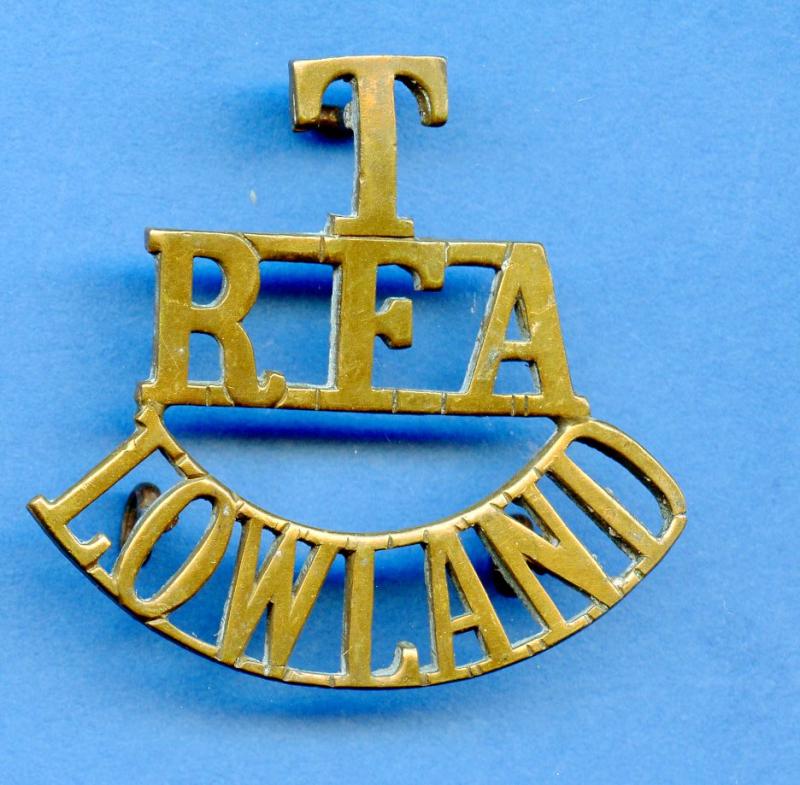 WW1 Royal  Field Artillery Territorials Lowland (T/R.F.A./Lowland)  Brass Shoulder Title Badge