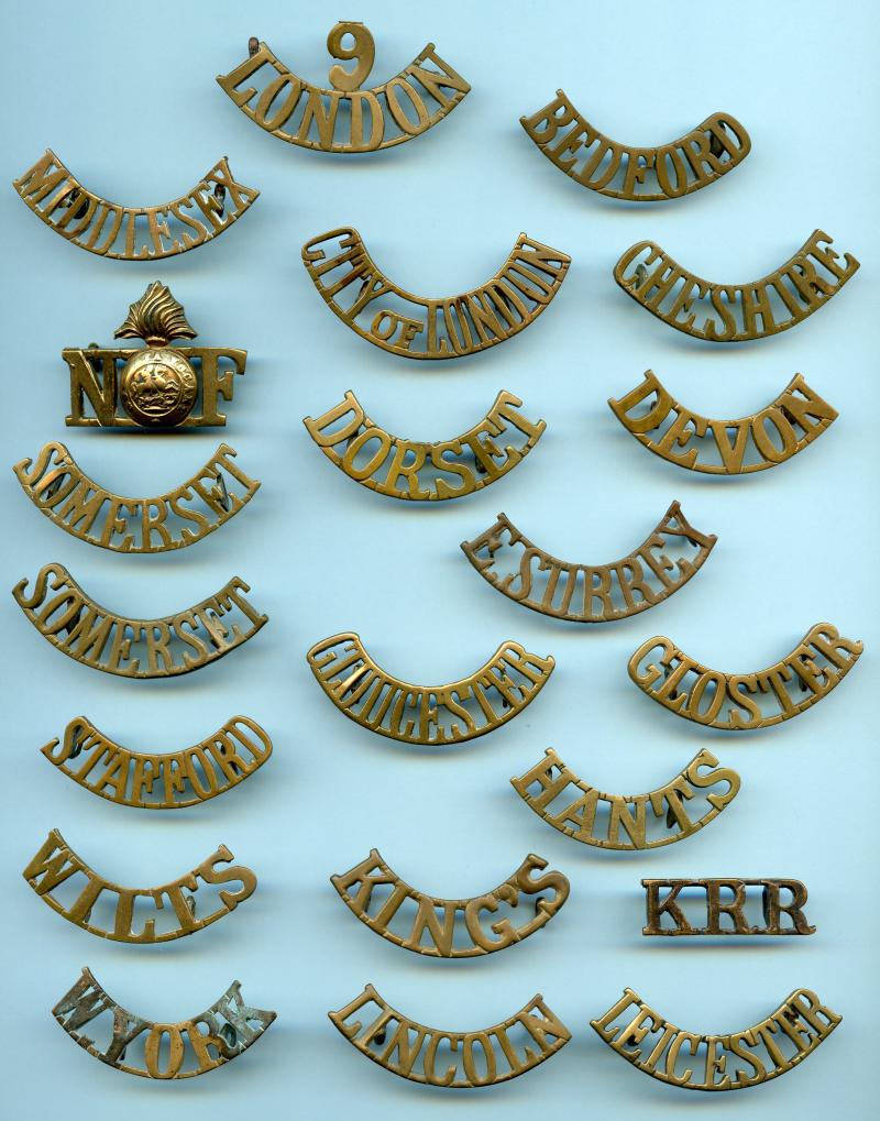 Collection of WW1 English Infantry Line Regiments Brass Shoulder Title Badges