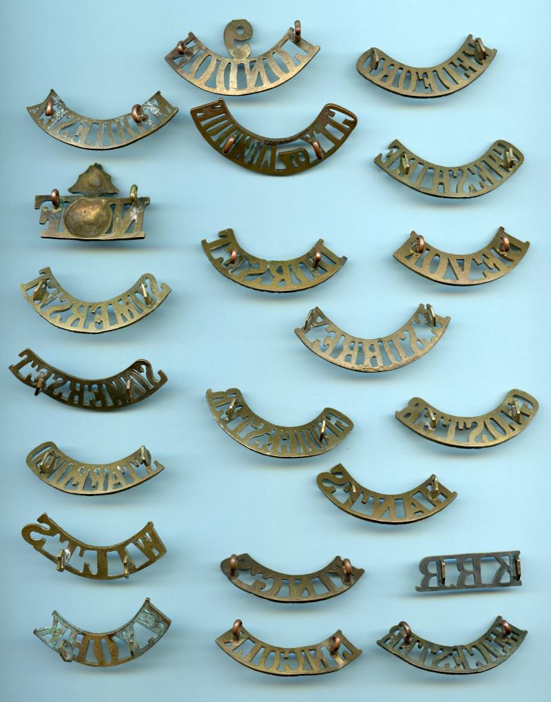 Collection of WW1 English Infantry Line Regiments Brass Shoulder Title Badges