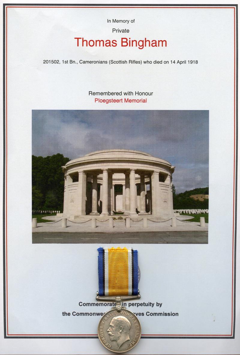 British War Medal 1914-1918 To  Pte Thomas Bingham 1st Bn., Cameronians (Scottish Rifles),