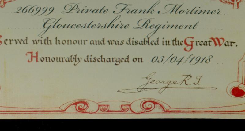 Silver War Badge Awarded to Pte Frank Mortimer, Gloucestershire Regiment