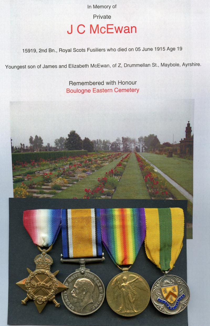 1914-15 Trio & Maybole Tribute Medal To Pte John Clark McEwan, Royal Scots Fusiliers