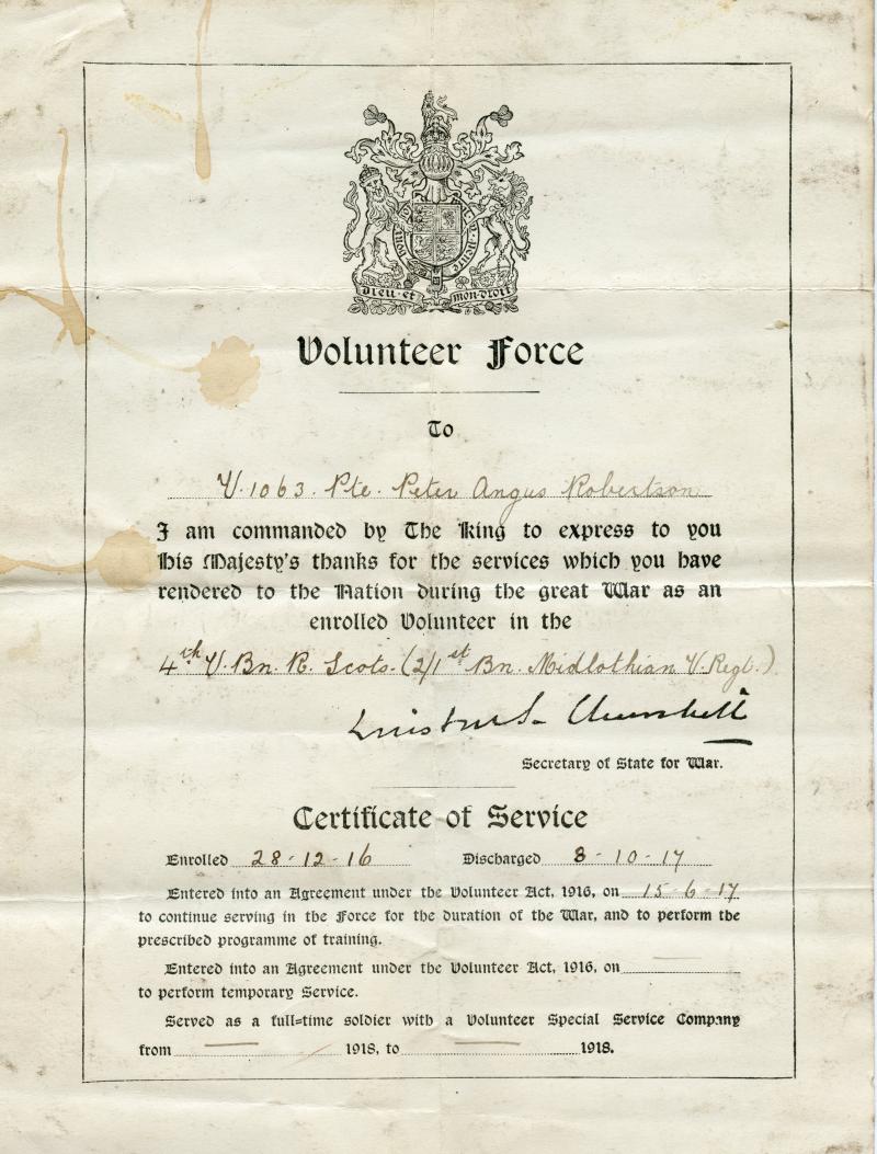 Rare WW1 Volunteer Force Certificate of Service To V 1063 Pte Peter Angus Robertson, 4th Volunteer Battalion Royal Scots