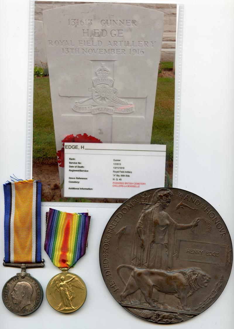 First War Pair Medals & Memorial Plaque To Gunner Henry Edge, Royal Field Artillery