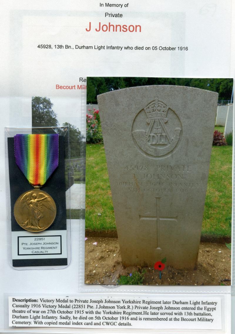Victory Medal 1914-1919 To Pte Joseph Johnson,  York Regt &13th Bn., Durham Light Infantry