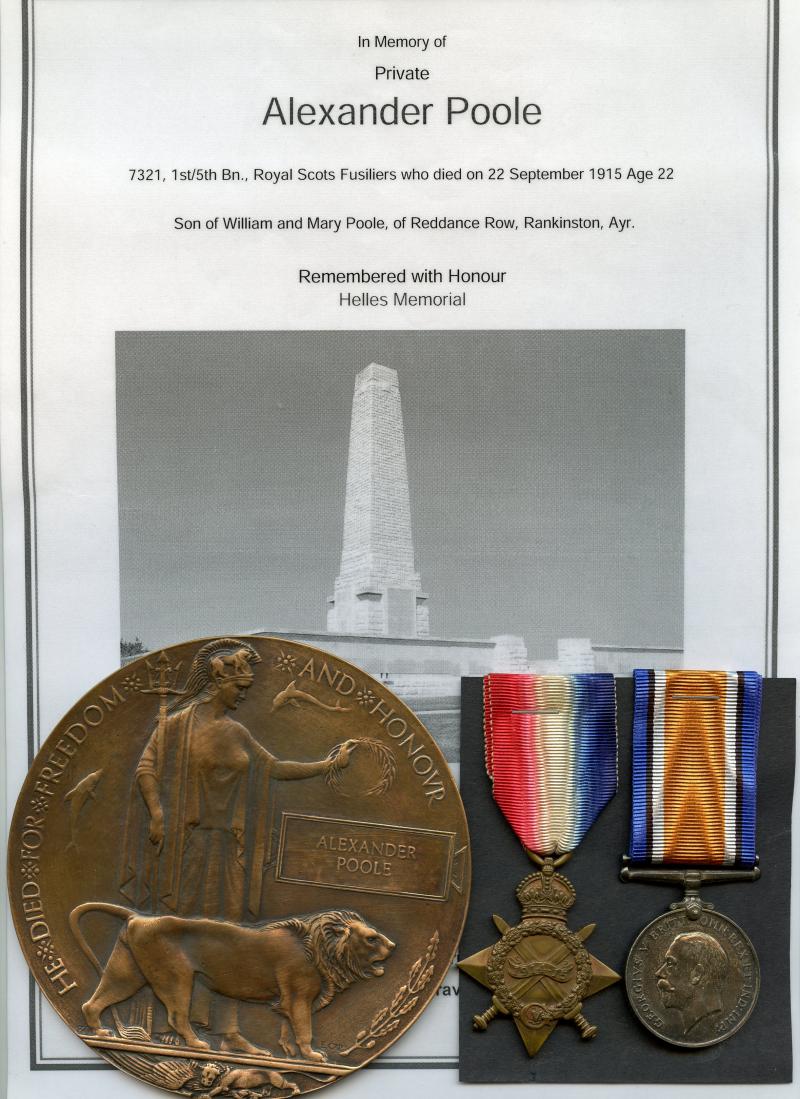 1914-15 Star, British War Medal & Memorial Plaque To Pte Alexander Poole, 1st/5th Bn., Royal Scots Fusiliers
