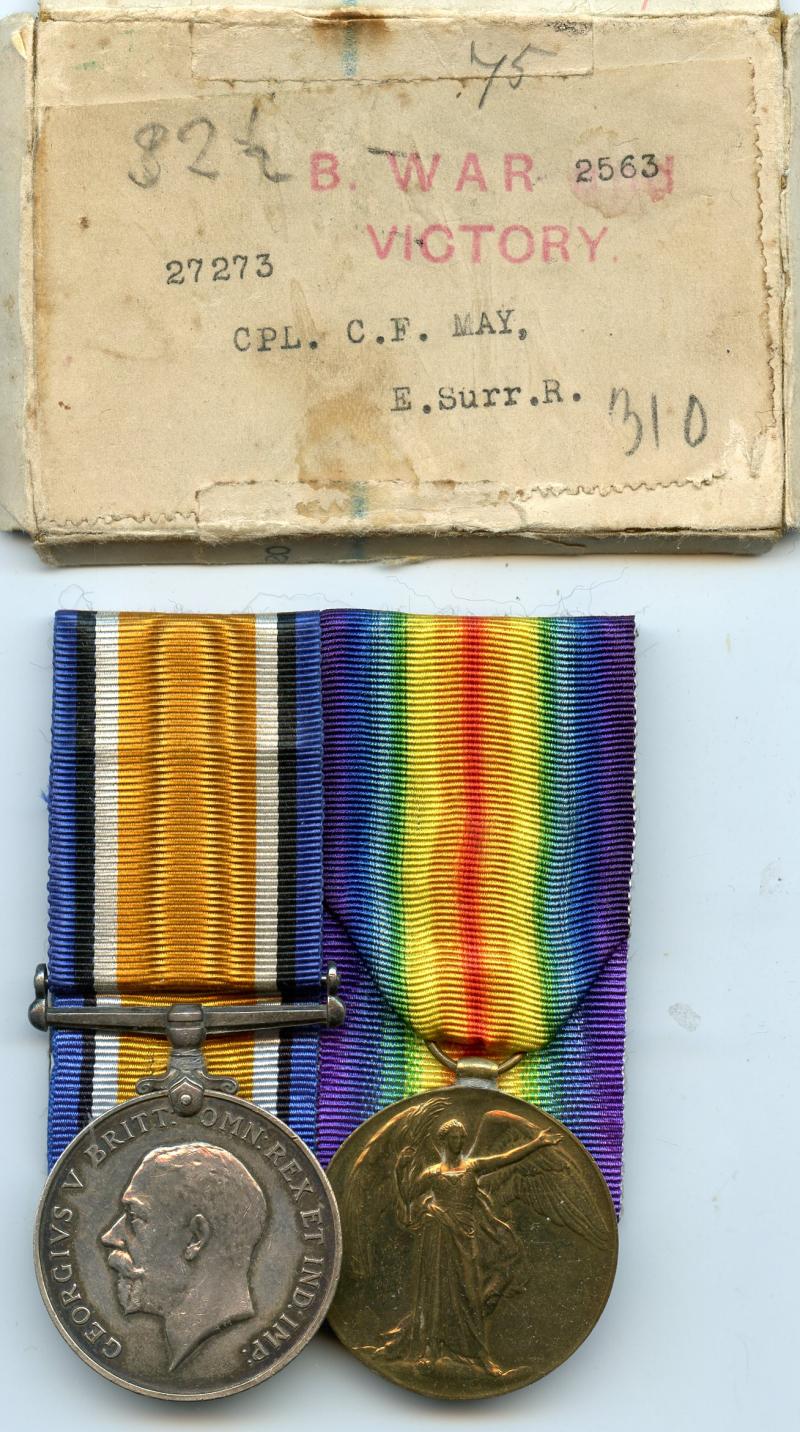 WW1 British War & Victory Medals Pair To Pte Charles Frederick May, 9th Battalion East Surrey Regiment