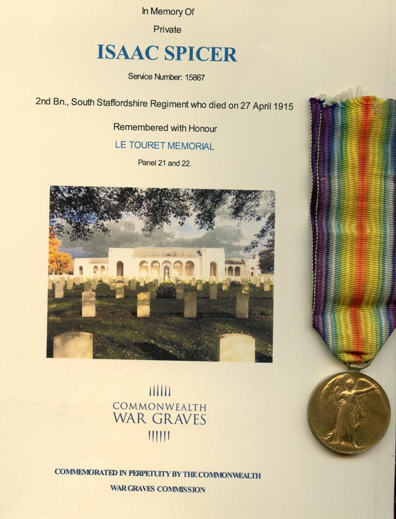 Victory Medal 1914-19 To Pte Isaac Spicer, 2nd Bn., South Staffordshire Regiment