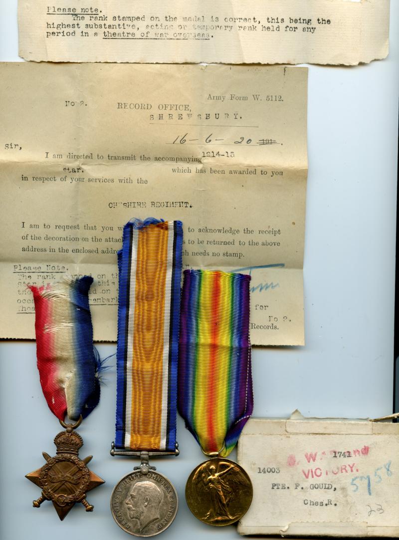 1914-15 Trio World War One Medals To Pte Fred Gould, 12th Battalion Cheshire Regiment ( Prisoner of War )