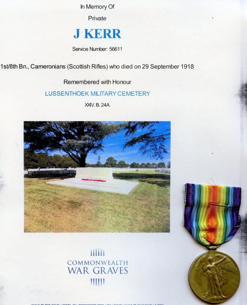 Victory Medal 1914-19 To Pte James Kerr 1st/8th Bn., Cameronians (Scottish Rifles)