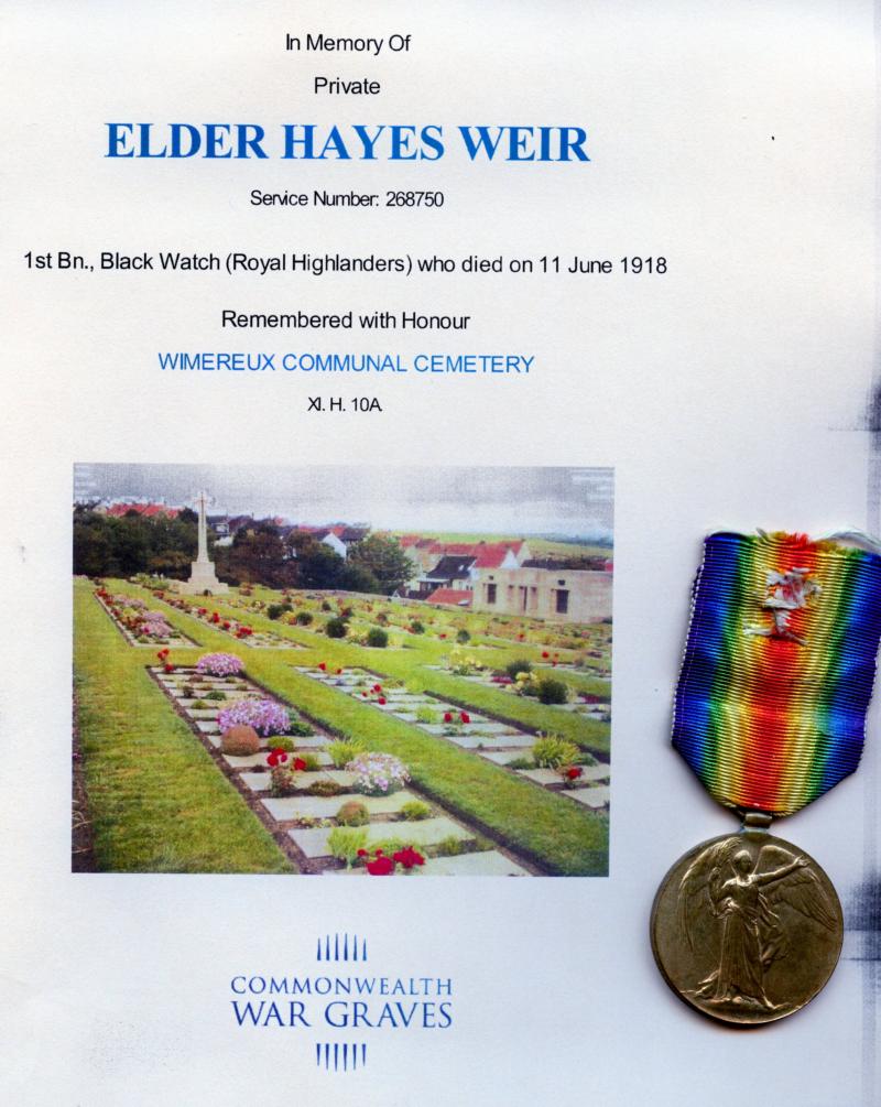 Victory Medal 1914-19 To Pte Elder Hayes Weir 1st Bn., Black Watch (Royal Highlanders)