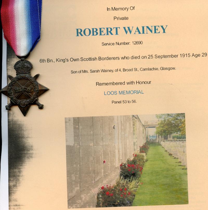 WW1 1914-15 Star To Pte Robert Wainey, 6th Bn., King's Own Scottish Borderers