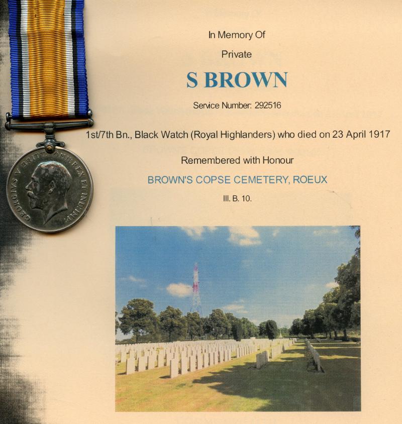 WW1 British War Medal 1914-18 To Pte Samuel Brown,1st/7th Bn., Black Watch (Royal Highlanders)