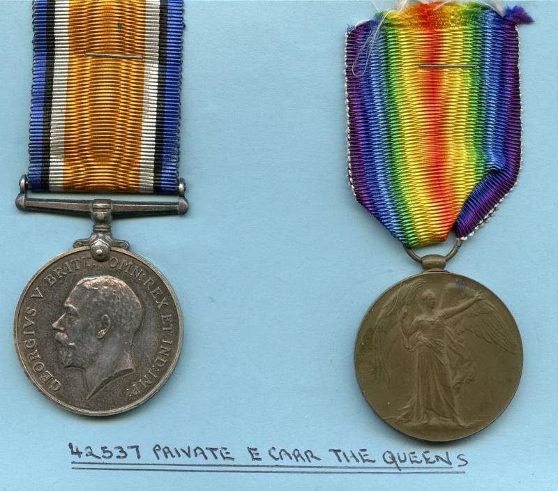 WW1 British War & Victory Medals Pair To Pte Ebenezer Carr  The Queens Regiment (Royal West Surreys)