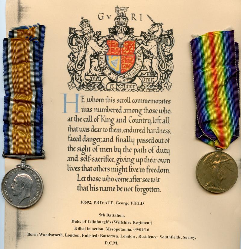 Killed in Action in Mesopotamia WW1 Medal Pair To Distinguished Conduct  Medal  Recipient   Pte George Field, 5th Battalion Wiltshire Regiment