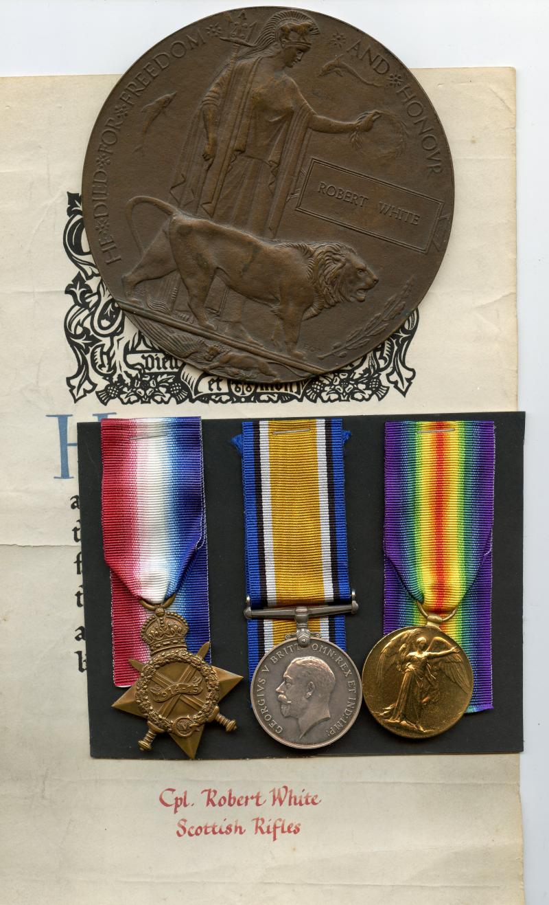 1914-15 Star Trio & Memorial Plaque to Cpl Robert White, 5th/6th Battalion Cameronians (Scottish Rifles)