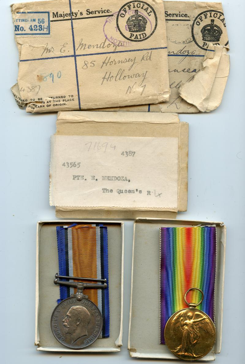 WW1 British War & Victory Medals Pair to Pte Emanuel Mendoza,  Queen's (Royal West Surrey) Regiment