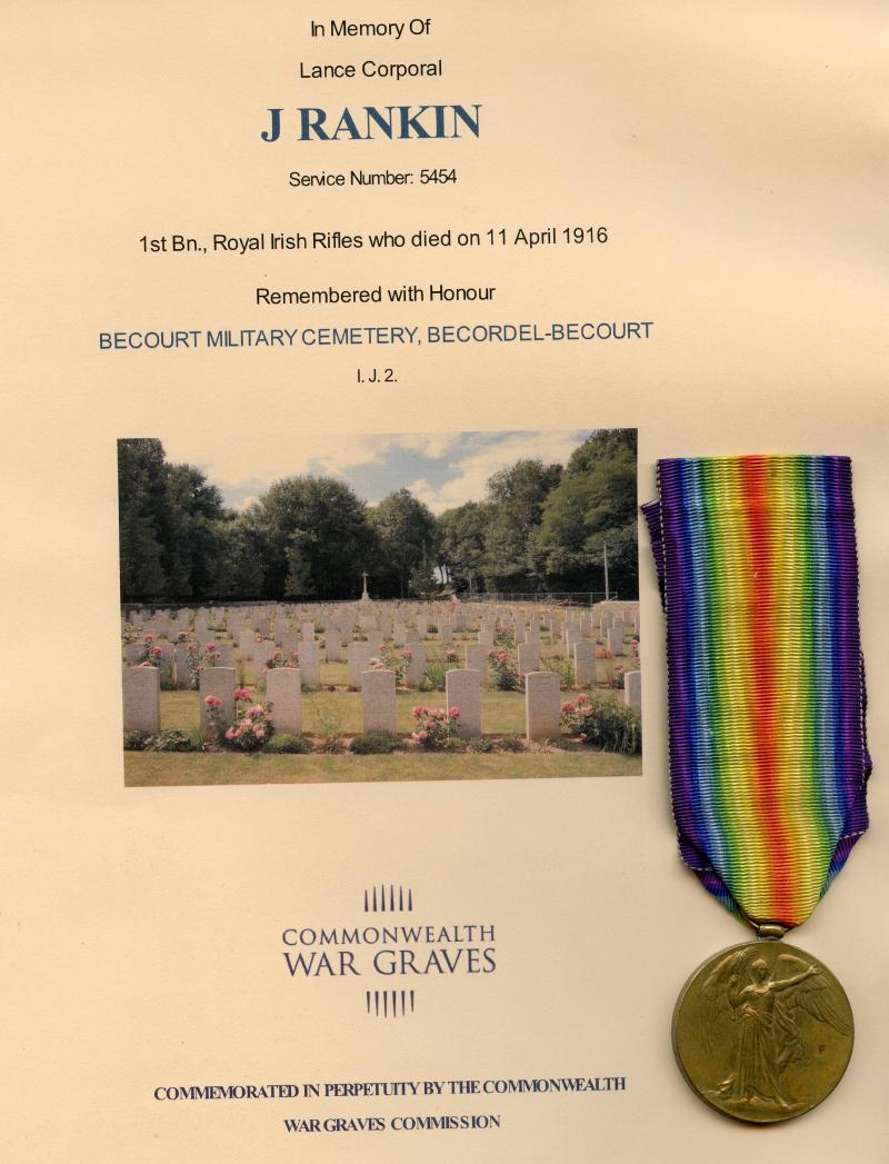 WW1 Victory Medal 1914-19 To Pte John Rankin Royal Irish Rifles