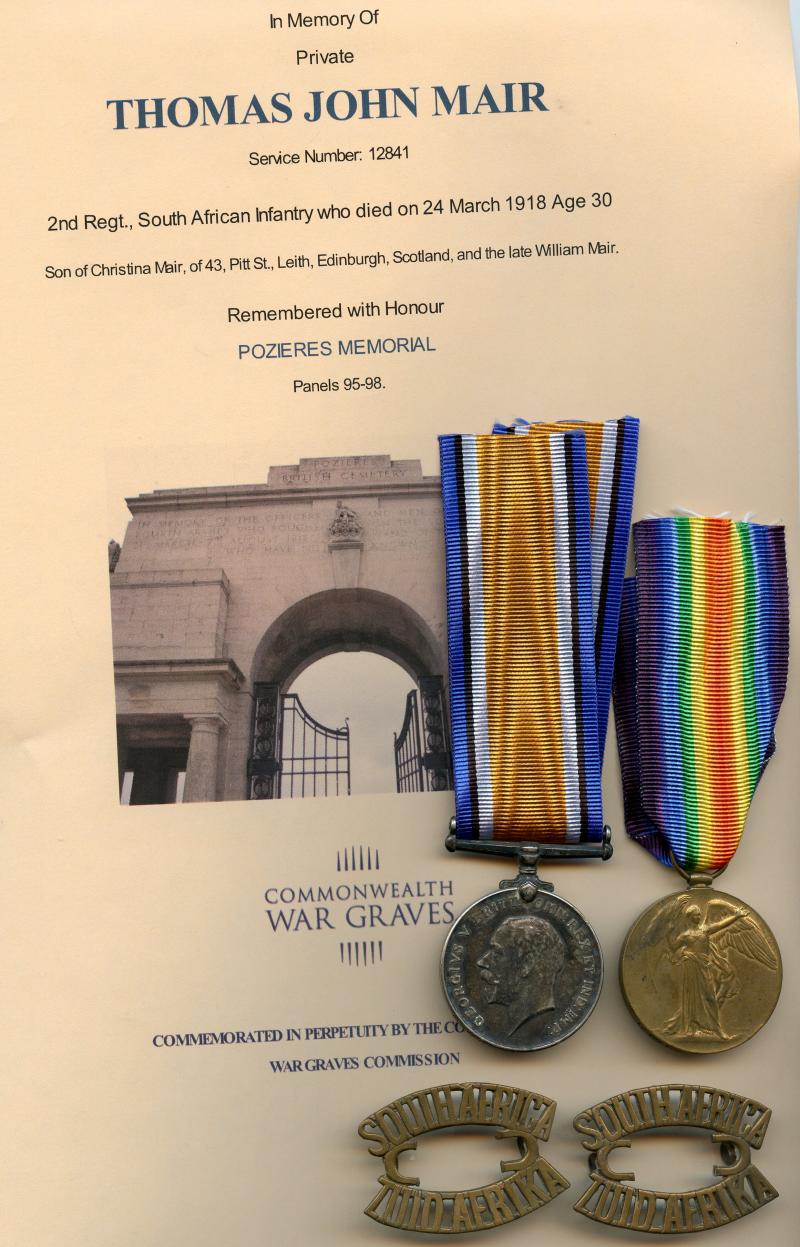 Victory Medal and Brothers British War & Bi- Lingual South African Victory Medals Pair to L/Cpl Thomas John Mair,  2nd Regt., South African Infantry