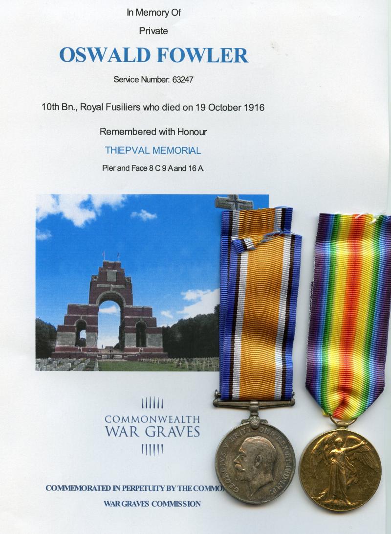 WW1 British War & Victory Medals Pair to Pte Oswald Fowler, 3rd Bn London Regiment