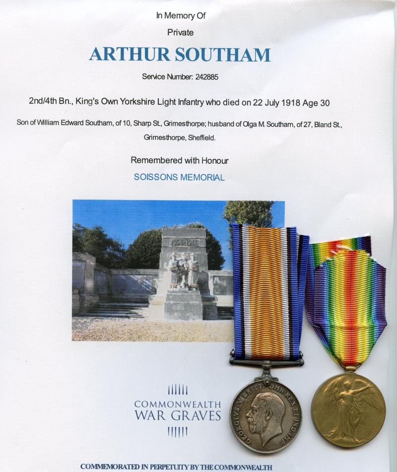 WW1 British War & Victory Medals Pair to Pte Arthur Southam 2nd/4th Bn., King's Own Yorkshire Light Infantry