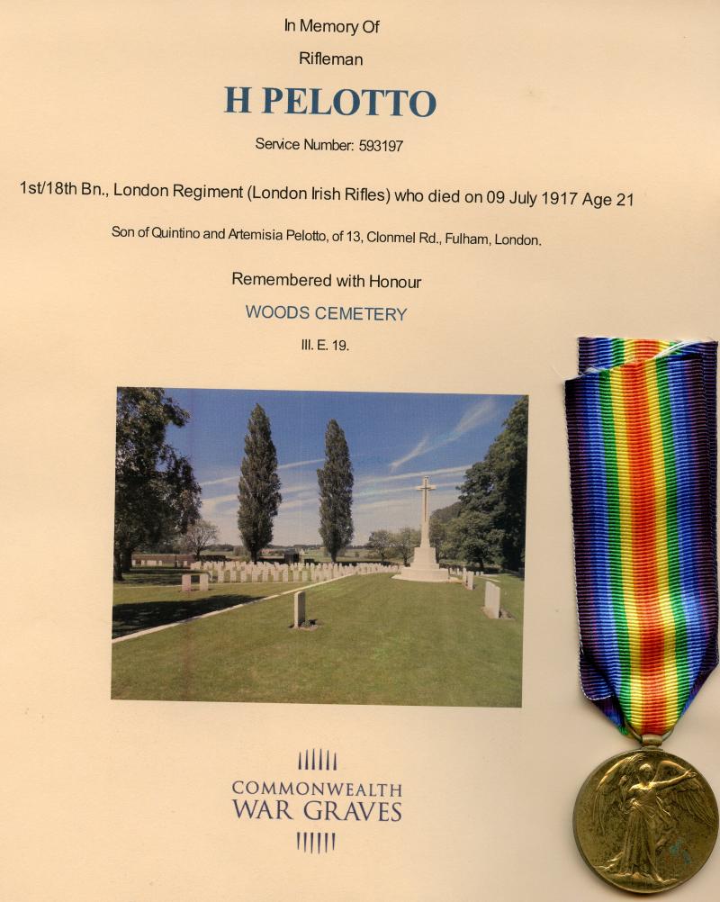 WW1 Victory Medal 1914-19 To Pte Herbert Pelotto, 1st/18th Bn., London Regiment (London Irish Rifles)