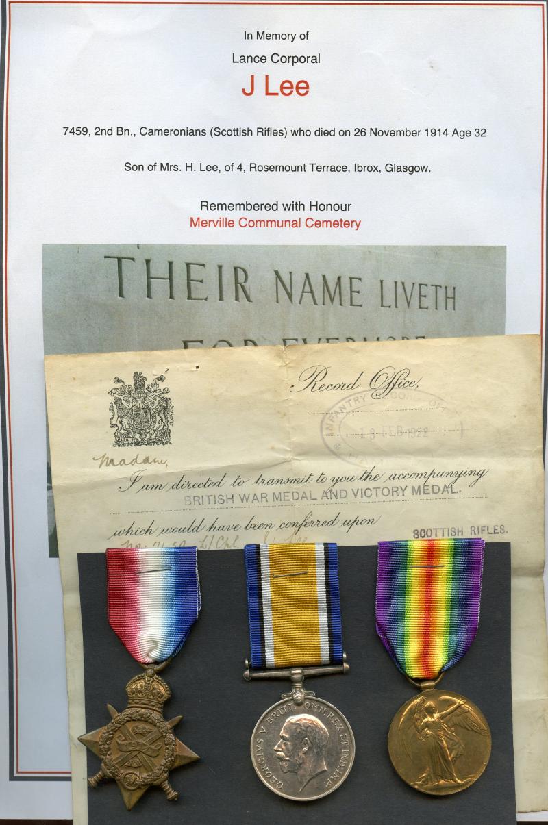 1914 Casualty 1914 Mons Trio World War One Medals To Pte James Lee, Scottish Rifles