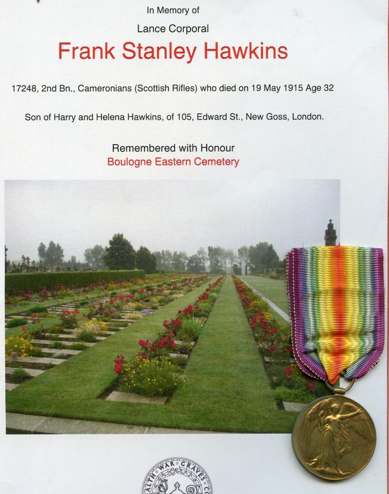 WW1 Victory Medal 1914-19 To Pte Frank Stanley Hawkins,