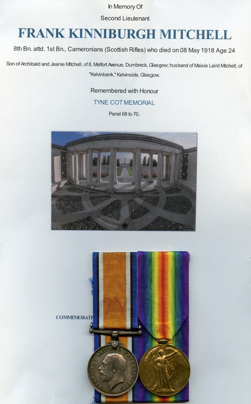 WW1 British War & Victory Medals Pair to Second Lieutenant Frank Kinniburgh Mitchell 8th Bn. attd. 1st Bn., Cameronians (Scottish Rifles)