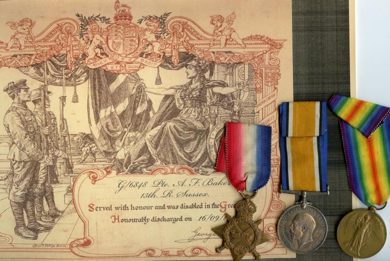 1914-15 Trio World War One Medals To  Pte Alfred J Baker, 7th Battalion Royal Sussex Regiment (Resided Place Ashton)