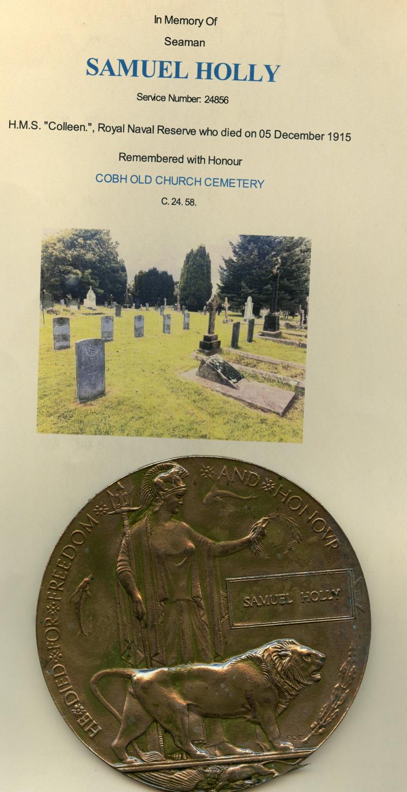 WW1 Memorial Plaque To Seaman Samuel Holly, HMS Colleen, Royal Naval Reserve