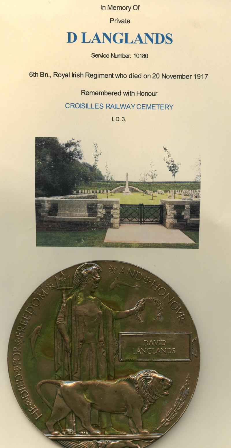 WW1 Memorial Plaque To David Langlands, 6th Battalion Royal Irish Regiment