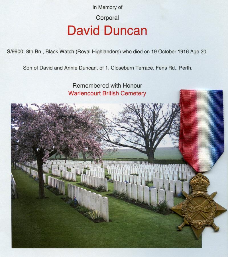 WW1 1914-15 Star To Cpl David Duncan, 8th Bn., Black Watch (Royal Highlanders)