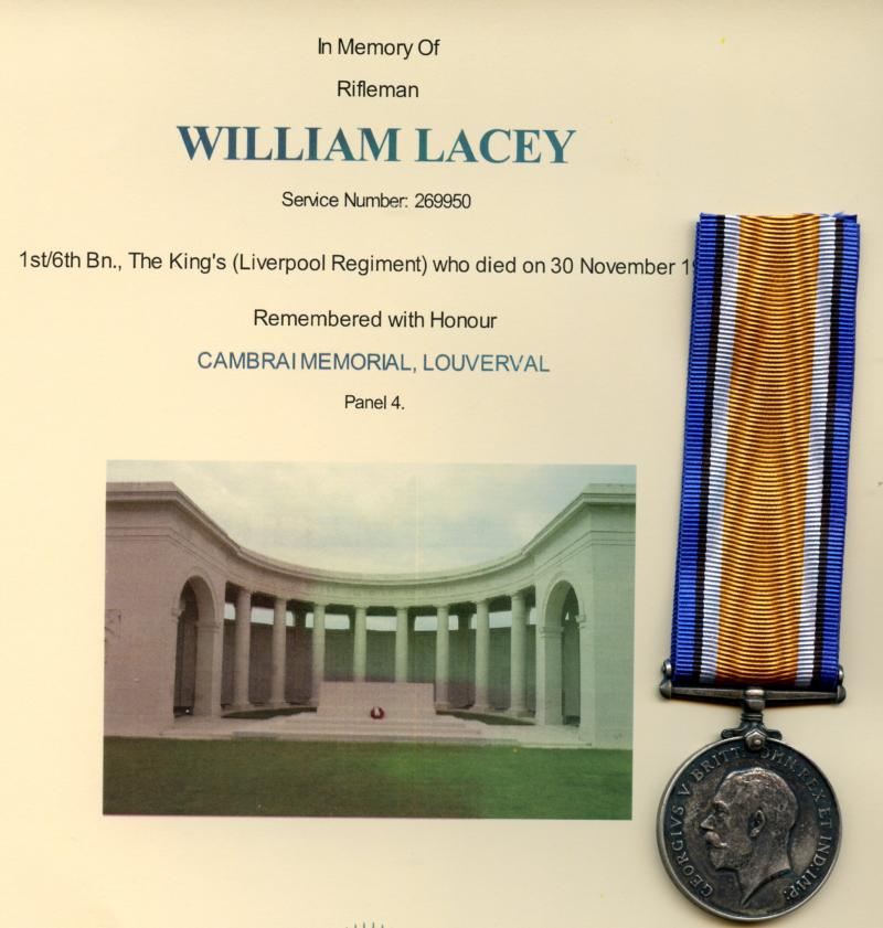 WW1 British War Medal 1914-18 To Pte William Lacey, 1st/6th Bn., The King's (Liverpool Regiment)