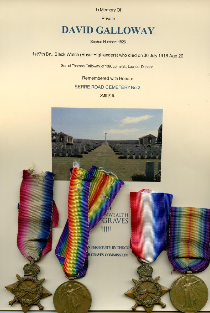 Brothers David and Thomas Galloway  Royal Highlanders & Gordon Highlanders WW1 Medals