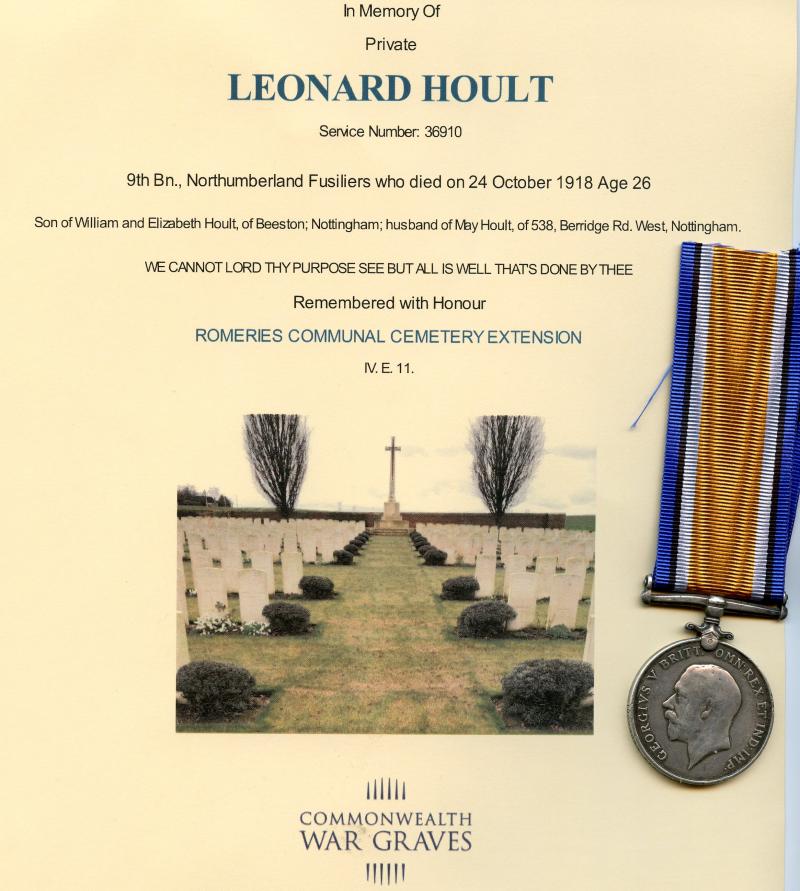 WW1 British War Medal 1914-18 To Pte Leonard Hoult 9th Bn., Northumberland Fusiliers