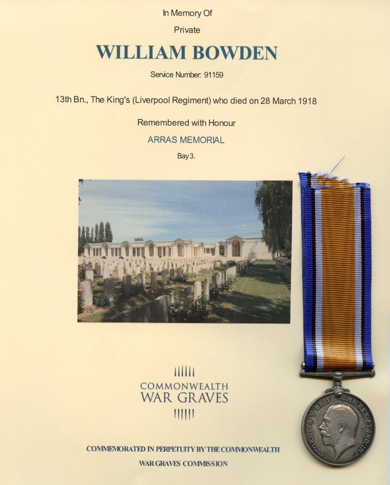 WW1 British War Medal 1914-18 To Pte William Bowden,13th Bn., The King's (Liverpool Regiment)