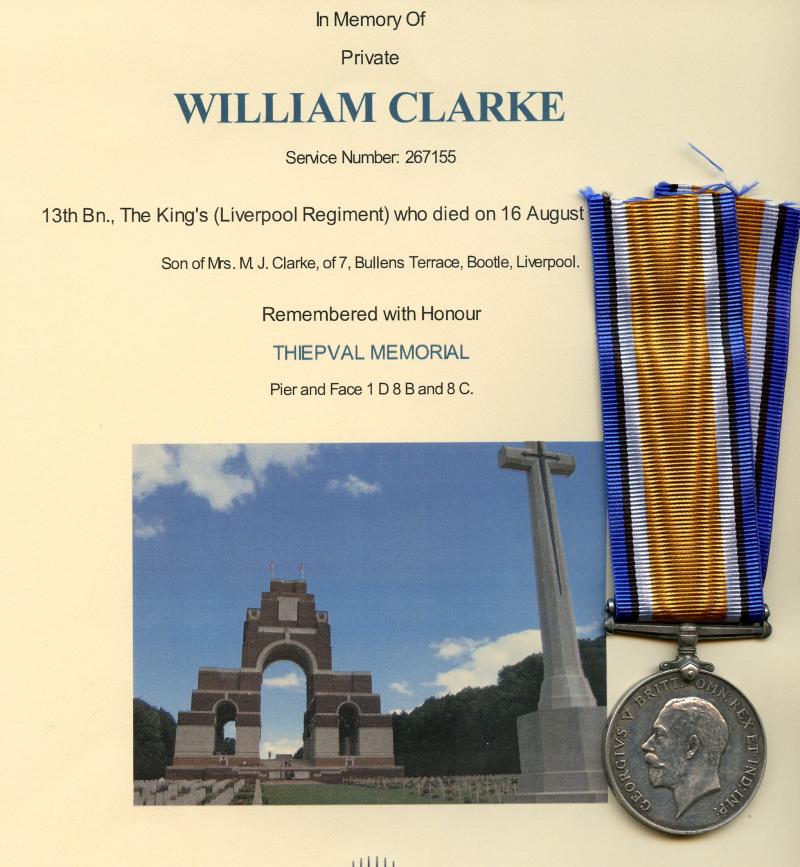 WW1 British War Medal 1914-18 To Pte William Clarke,13th Bn.,The King's (Liverpool Regiment)