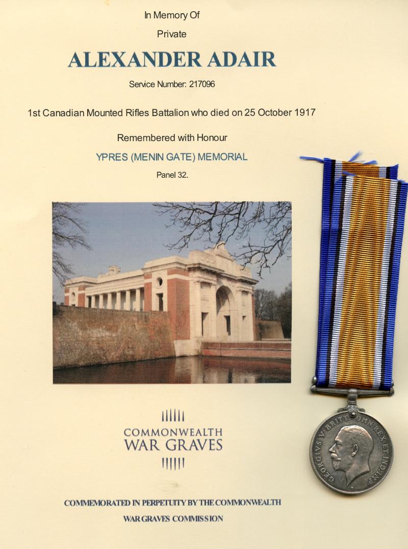 WW1 British War Medal 1914-18 To Pte Alexander Adair, 1st Canadian Mounted Rifles Battalion