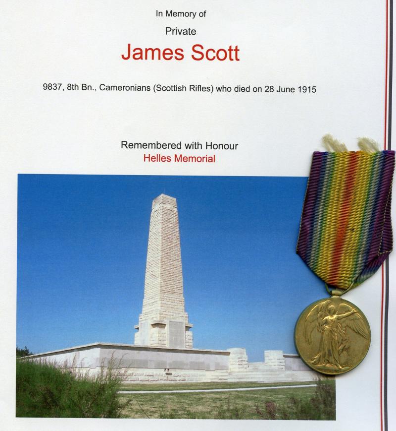 WW1 Victory Medal 1914-1919 To Pte James Scott, 8th Bn., Cameronians (Scottish Rifles)