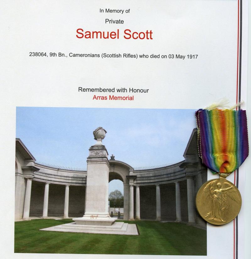 WW1 Victory Medal 1914-1919 To Pte Samuel Scott, 9th Bn., Cameronians (Scottish Rifles