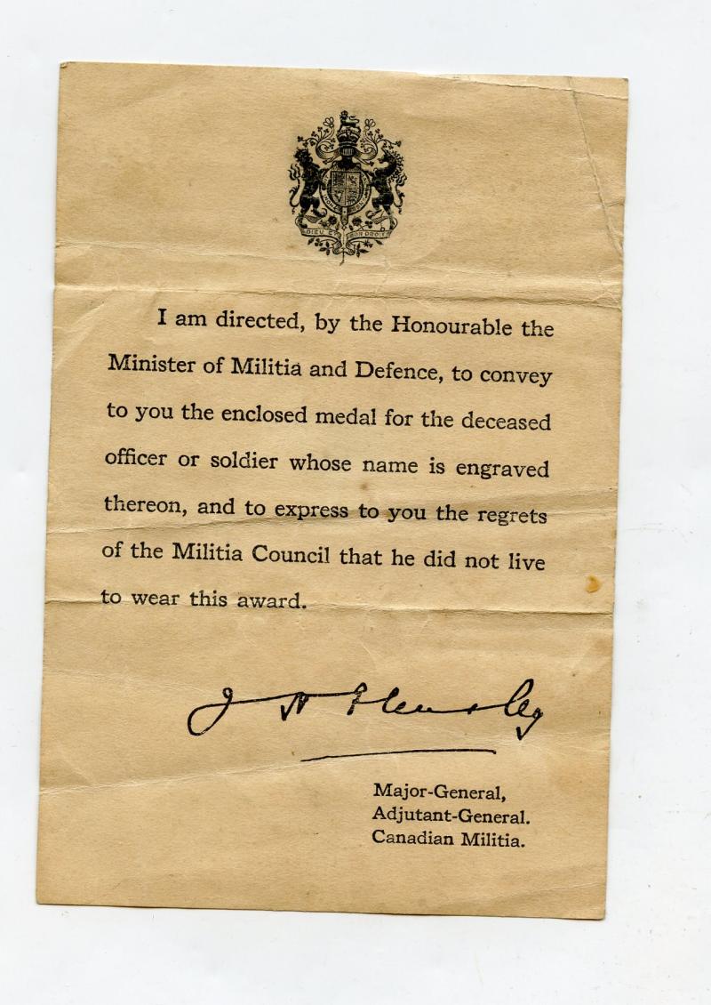 WW1 Canadian Condolence Slip